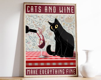 Cats and Wine Poster, Vintage Poster, Cat Poster, Cat Print, Animal Print, Animal Poster, Quote Poster Print, Wall Art Decor, Ideal Gift