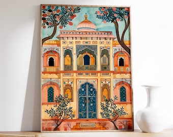 May include: A framed print of a colorful illustration depicting a traditional Indian palace with a domed roof, intricate details, and a blue door. The palace is surrounded by trees with pink flowers.