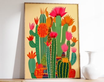 Vintage Mexican Cactus Poster, Colourful Mexican Art Prints, Traditional Mexican Artwork, Floral Vintage Poster, Latin Decor, Cultural Gift