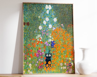 Gustav Klimt Cat Art Print, Floral Garden Poster