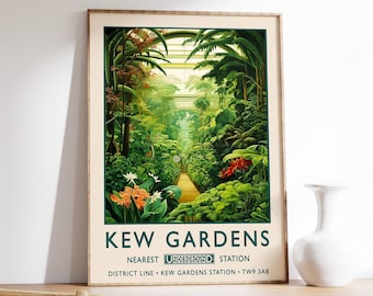 May include: Vintage travel poster for Kew Gardens in London, England. The poster features a lush green tropical greenhouse with a path leading through the centre. The text reads "Kew Gardens" with the London Underground logo and "Nearest Underground Station District Line - Kew Gardens Station - TW9 3AB."