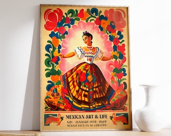 Mexican Art and Life Poster, Colourful Mexican Art Prints, Traditional Mexican Artwork, Floral Vintage Poster, Latin Decor, Cultural Gift