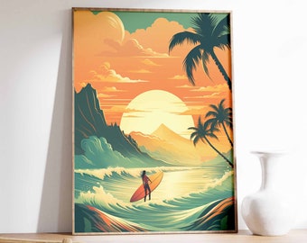 Retro Sunset Surf Poster, Vintage Beach Print