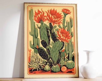 May include: A vintage-style illustration of a variety of cacti with red flowers. The cacti are depicted in a stylised, graphic style with a yellow background.