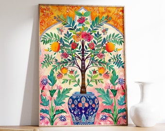 May include: A colorful illustration of a tree with pink, orange, and yellow flowers and fruit in a blue and white patterned vase. The background is a yellow and orange floral pattern.