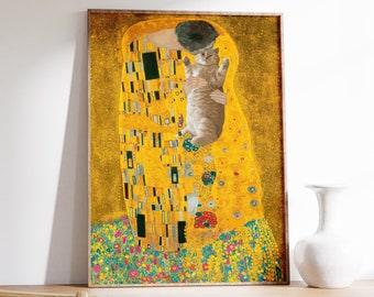 Gustav Klimt The Kiss Cat Art Print, Floral Wall Decor