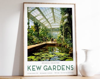 May include: A vintage poster featuring a botanical illustration of Kew Gardens in London, England. The poster features a large glass greenhouse with a pond and lily pads. The text on the poster reads "Botanical Collection Kew Gardens Established 1759 - Richmond, London - TW9 3AB, The United Kingdom."