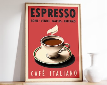 Espresso Coffee Art Print, Retro Italian Cafe Poster, Kitchen Decor