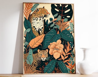Leopard Jungle Poster, Vintage Floral Botanical Wall Art