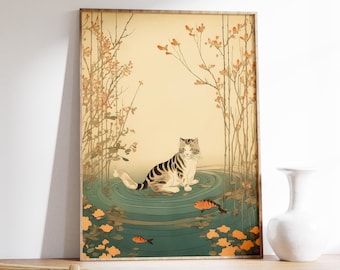 Vintage Ukiyo-e Cat Print, Japanese Animal Art Poster