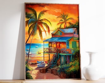 Può includere: Un dipinto che raffigura una casa da spiaggia colorata con una palma davanti. La casa ha un tetto blu e un esterno giallo e rosa. Ci sono barche nell'acqua e un tramonto sullo sfondo.
