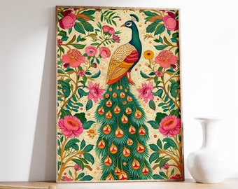 Indian Print, Traditional Indian Poster, Peacock Art, Pichwai Art, Hindu Art, Indian Decor, Botanical Print, Floral Print, Indian Gift