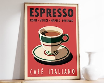 Póster de viaje de café espresso, lámina artística de cafetería italiana