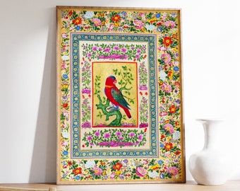 Pichwai Floral Bird Print, Indian Art, Vintage Wall Decor