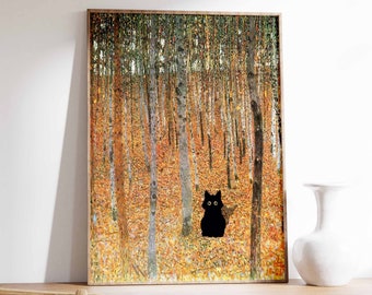 Gustav Klimt Cat Print, Birch Trees by Gustav Klimt, Cat Poster, Cat Art, Cat Lovers Gift, Animal Art, Feline Poster, Wall Art Decor