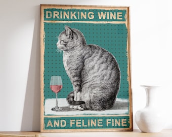 Drinking Wine Cat Poster, Funny Poster, Cat Art, Cat Poster, Cat Print, Animal Print, Animal Poster, Comedy Print, Ideal Gift, Many Sizes