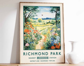 Vintage reisposter Richmond Park, London Botanical Art Print