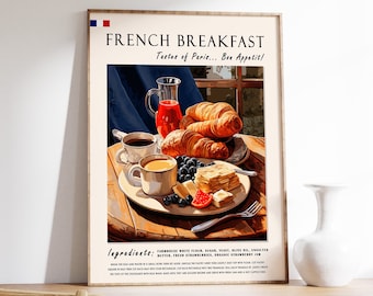 French Breakfast Croissants Poster, Kitchen Food Art Print
