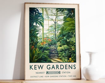 May include: A framed poster with a vintage travel advertisement for Kew Gardens. The artwork shows a green garden scene with a staircase leading to a glass structure. The poster includes the text "Kew Gardens" and "Nearest Underground Station."