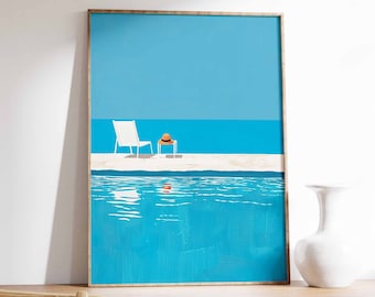 May include: A framed illustration of a white chair and a straw hat on a white surface next to a blue pool. The pool has ripples on the surface and a small red object floating in the water.