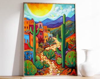 Mexican Cactus Art Print, Colorful Landscape Poster