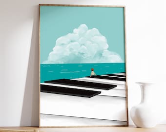 May include: A framed art print depicts a surreal scene of piano keys extending into a turquoise sea, with a large cloud in the sky. A small figure sits on the keys. The artwork is displayed on a wooden desk with a white vase.
