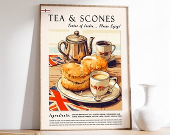 British Tea and Scones Poster, British Food Print, English Food Poster, Kitchen Print, Kitchen Decor, Baking Poster, Food & Drink Art