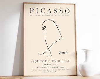 Lámina artística de Picasso con motivos de pájaros, póster de exposición vintage.