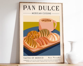 Puede incluir: Un póster con un diseño vintage que presenta un plato de Pan Dulce, un pan dulce tradicional mexicano, con una taza de café. El póster se titula "Pan Dulce - Cocina Mexicana" e incluye el texto "Tastes of Mexico" y "Buon Provecho!" con una lista de ingredientes.