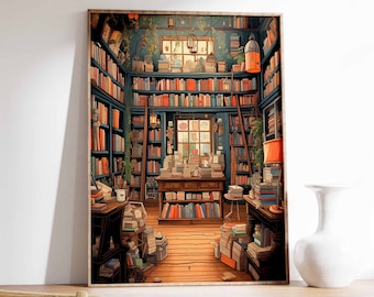 Vintage Bookshop Poster, Cozy Library Wall Art
