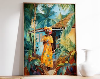 Caribbean Poster, Caribbean Wall Art, Tropical Decor, Scenery Poster,  Tropical Art Print, Floral Art, Floral Decor, Black Gift, A1/A2/A3/A4 