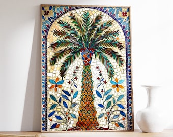 May include: A framed mosaic artwork depicting a colorful palm tree with green leaves, a brown trunk, and yellow flowers. The mosaic is made of small, colorful tiles and is set against a white background.