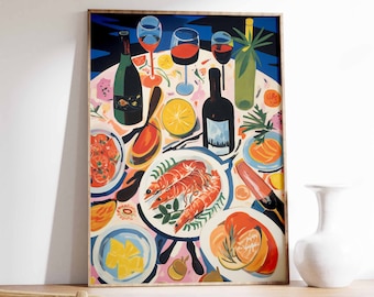 May include: A colorful illustration of a table setting with wine glasses, bottles of wine, plates of food, and a blue background. The food includes shrimp, fruit, and vegetables.