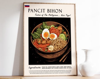 May include: A framed art print featuring a detailed illustration of Pancit Bihon, a Filipino noodle dish. The artwork showcases a bowl of noodles with vegetables, eggs, and meat. Text at the top reads "PANCIT BIHON" and "Taste of The Philippines... Kain Tayo!"