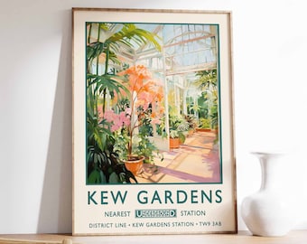 May include: A vintage poster advertising Kew Gardens in London. The poster features a colourful illustration of a greenhouse filled with lush greenery and vibrant flowers. The text on the poster reads "Kew Gardens" and "Nearest Underground Station District Line - Kew Gardens Station - TW9 3AB."