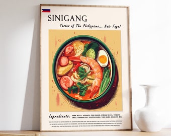 May include: A colorful illustration of a bowl of Sinigang, a Filipino soup, with ingredients listed below. The soup contains pork belly, spinach, fish sauce, string beans, tomato, chili, cooking oil, sliced onion, taro gabi, and sinigang mix.