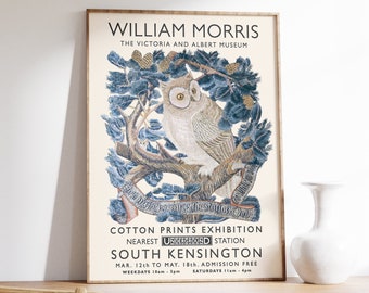 Impression d'art floral hibou William Morris, affiche de l'exposition William Morris, affiche vintage, art animalier, imprimé floral, art déco mural