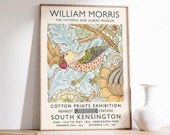 William Morris Floral Bird Art Print, William Morris Exhibition Poster, Vintage Poster, Animal Art, Floral Print, Wall Art Decor