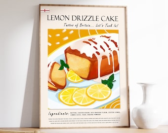 Lemon Drizzle Cake Retro Kitchen Print, English Food Art