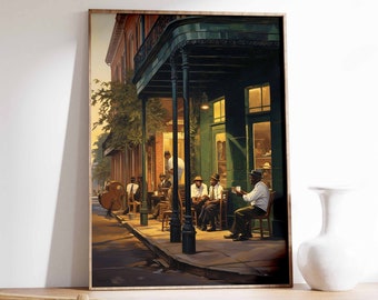 May include: A painting of a street scene in New Orleans with a group of men sitting on the porch of a building. The men are wearing hats and are drinking coffee. There is a musician playing a guitar in the background.