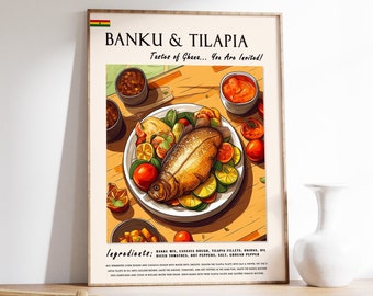 Banku und Tilapia ghanaisches Essen Kunstdruck, exotische Küchendekoration
