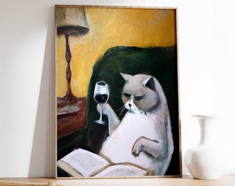 Funny Cat Wine Art Print, Feline Fine Vintage Poster