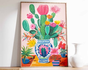 Vintage Mexican Cactus Art Print, Colorful Floral Poster