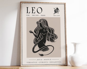 Leo Star Sign Poster, Boho Zodiac Art Print, Astrology Gift