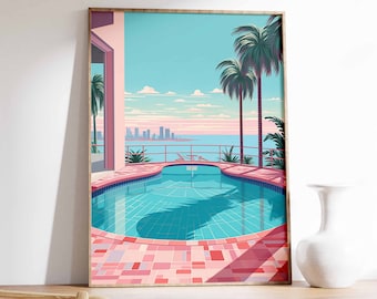 Póster retro de arte pop playero de los 80 con estampado de piscina de Miami