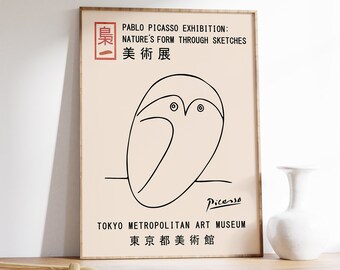 Póster de la exposición del búho de Picasso, lámina de arte lineal minimalista vintage.