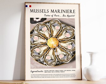 French Mussels Poster, Retro Kitchen Print, Paris Food Art