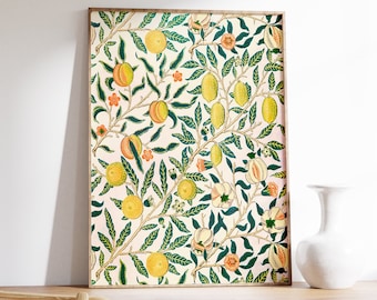 May include: A framed print of a vintage botanical illustration featuring a repeating pattern of green leaves, orange and yellow fruit, and white flowers on a light pink background.