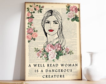 Vintage Reading Poster, Floral Poster, Floral Art, A Well Read Woman, Book Girl, Book Lover, Wall Art, Gift, Quote Poster, Various Sizes