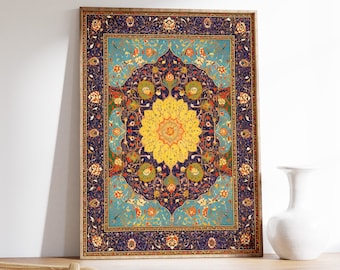 May include: A framed print of a colorful, intricate Persian rug design with a central yellow flower motif. The rug is surrounded by a dark blue border with gold accents.
